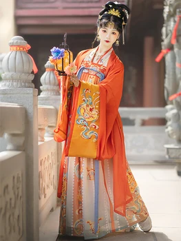 Nové Hanfu Žena Han Vyhovovali Ľudový Tanec Jeden Kus Tang Vytlačené Sukne Lete Vyšívané Veľké Puzdre Tričko Cosplay Oranžovo Červenej Farby