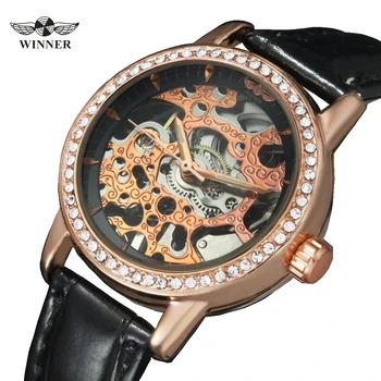 VÍŤAZ Luxusnom Štýle Automatické Mechanické Kostra Odolný proti nárazom Kožený Remienok Rose Gold Ženy Pracky náramkové hodinky 435