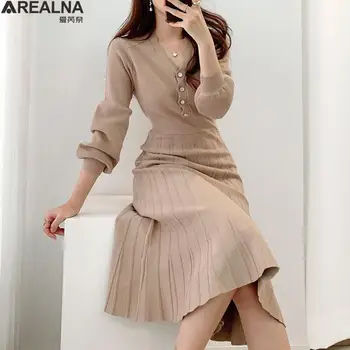 Šaty pre ženy 2021 jeseň kórejský pletené Skladaný Šaty nové zimné Dlhým Rukávom Klasická Elegantná Žena Sveter Midi Party Šaty