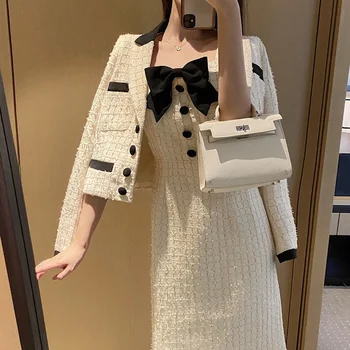 2022 Nové Jeseň Office Lady Biele Kockované Tweed Bunda Krátka Cardigan Kórea Elegantná Vesta Špagety Popruh Šaty 2piece Oblečenie