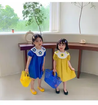 2022 Lete Nové Batoľa Detský Oblečenie Dievča Šaty Dievča Dieťa Kórejský Štýl Kvet Veľký Klope Malé Čerstvé Šaty