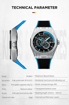BONEST GATTI Hodinky Pre Mužov Luxusné Automatické Hodinky Mechanické Náramkové hodinky Vodotesné 50M Sapphire Svetelný Fluororubber Popruh
