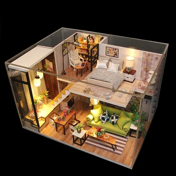 DIY Dreva Domu Model Súpravy Nordic Loft 3D Drevené Remeselné Miniatúrne Nábytok domček pre bábiky Pre Dievčatá Darčeky Deti Hračky