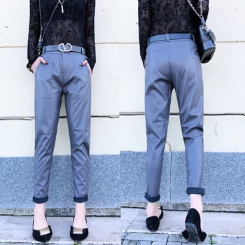 Kórejský vysoký pás slim PU kožené nohavice Faux kožené nohavice, ženy cargo nohavice ženy capris ženy dna nohavice