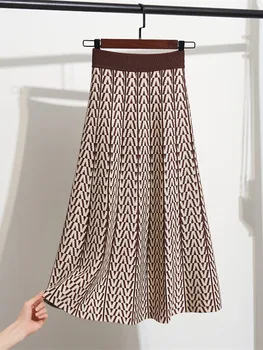 LUKAXSIKAX Nové Jeseň Zima Ženy Vysoký Štíhly Pás Dlhé Sukne Módne Farby-blokované Retro Geometrické Vzory Pletené Sukne