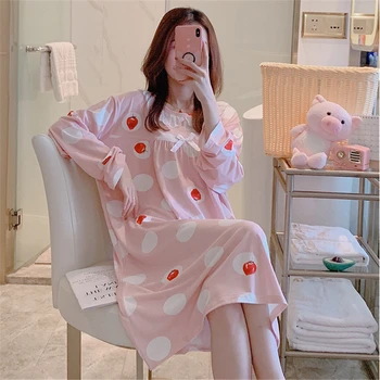 Nightgown home service jar a na jeseň nový kórejský nightdress voľné dlhý rukáv sladké leto kockovaný župan pijama