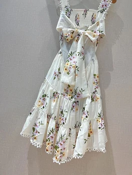 Kvet Tlačené Späť Elastické Ženy Luk Šaty Bielej Farby, Elegantný Bavlnená Tkanina Dovolenku Košieľka Elegantné Šaty, Oblečenie