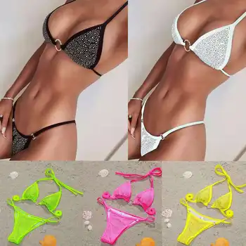 Ženy Lesklé Diamond Bikini 2022 Sexy Push Up Plavky S Uväzovaním Za Ženské Crystal Plavky Ženy Brazílsky Biquini Plavky