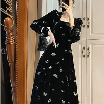 Kvetinový Vintage Šaty Žien francúzsky Elegantný Retro Večer Black Party Šaty Žena Dlhý Rukáv jednodielne Šaty kórejský 2021 Jeseň