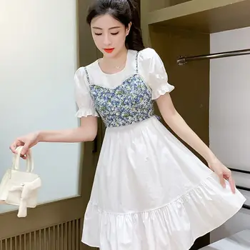 2022 v Lete Cottagecore Mini Šaty pre Ženy, Dievča Krásne kórejský Módne Biele Šaty Lístkového Rukáv Šaty, Vysoký Pás Retro