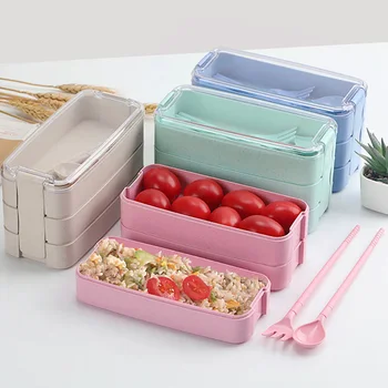 3 Vrstvy Bento Box 900 ml Mikrovlnná Lunch Box Pšeničnej Slamy na Uskladnenie Potravín Kontajner pre Deti detský Školy Ženy Muži Office