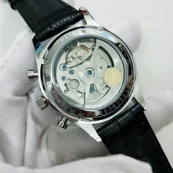 Mens mechanické hodinky Čierne Kožené Bielej automatické Vytáčanie Modré Ruky