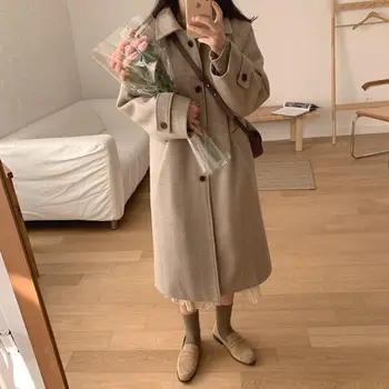 2021 Jeseň Zima Vlnené Kabát Ženy Kórejský Módne Oblečenie Voľné Pričom Uhlopriečny Bunda Parka Dlhé Vlny Kabát Vintage Abrigos Mujer