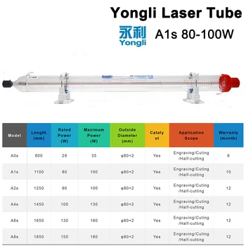 Yongli A1s 80W CO2 Laserové Trubice Dĺžka 1100 Dia. 80 mm pre CO2 Laserové Gravírovanie a Rezanie Stroj